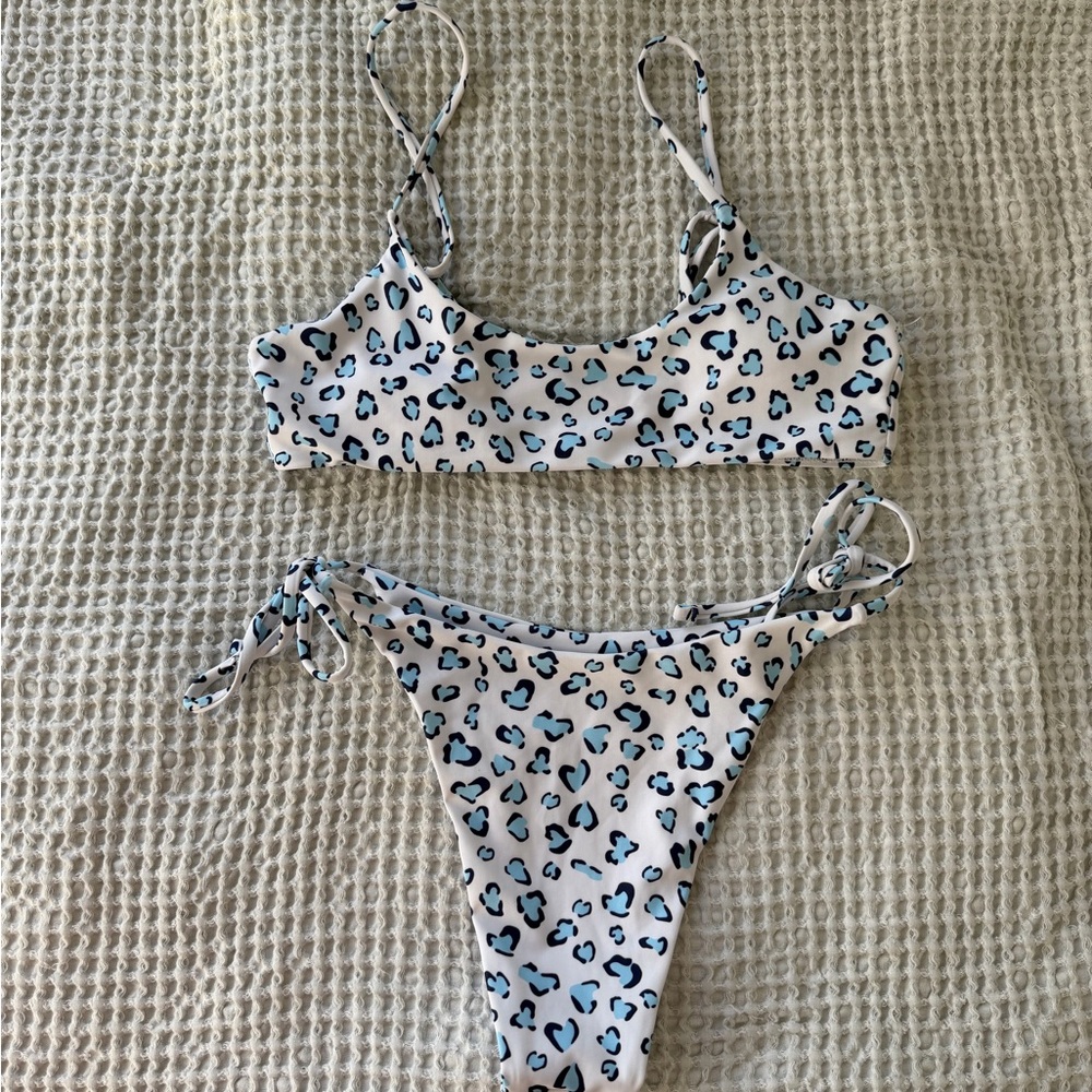 White & Blue Leopard Print Bikini Set - Women's Swim Top & Bottom